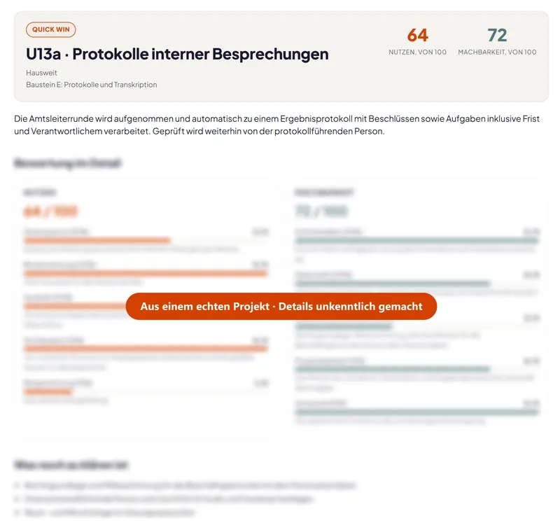 Steckbrief eines KI-Anwendungsfalls: Protokolle interner Besprechungen, Nutzen 64 und Machbarkeit 72 von 100, Bewertungsdetails unkenntlich gemacht