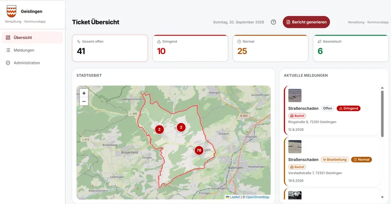 Dashboard der Kommunalapp für die Stadt Geislingen: offene Meldungen nach Dringlichkeit und Karte des Stadtgebiets